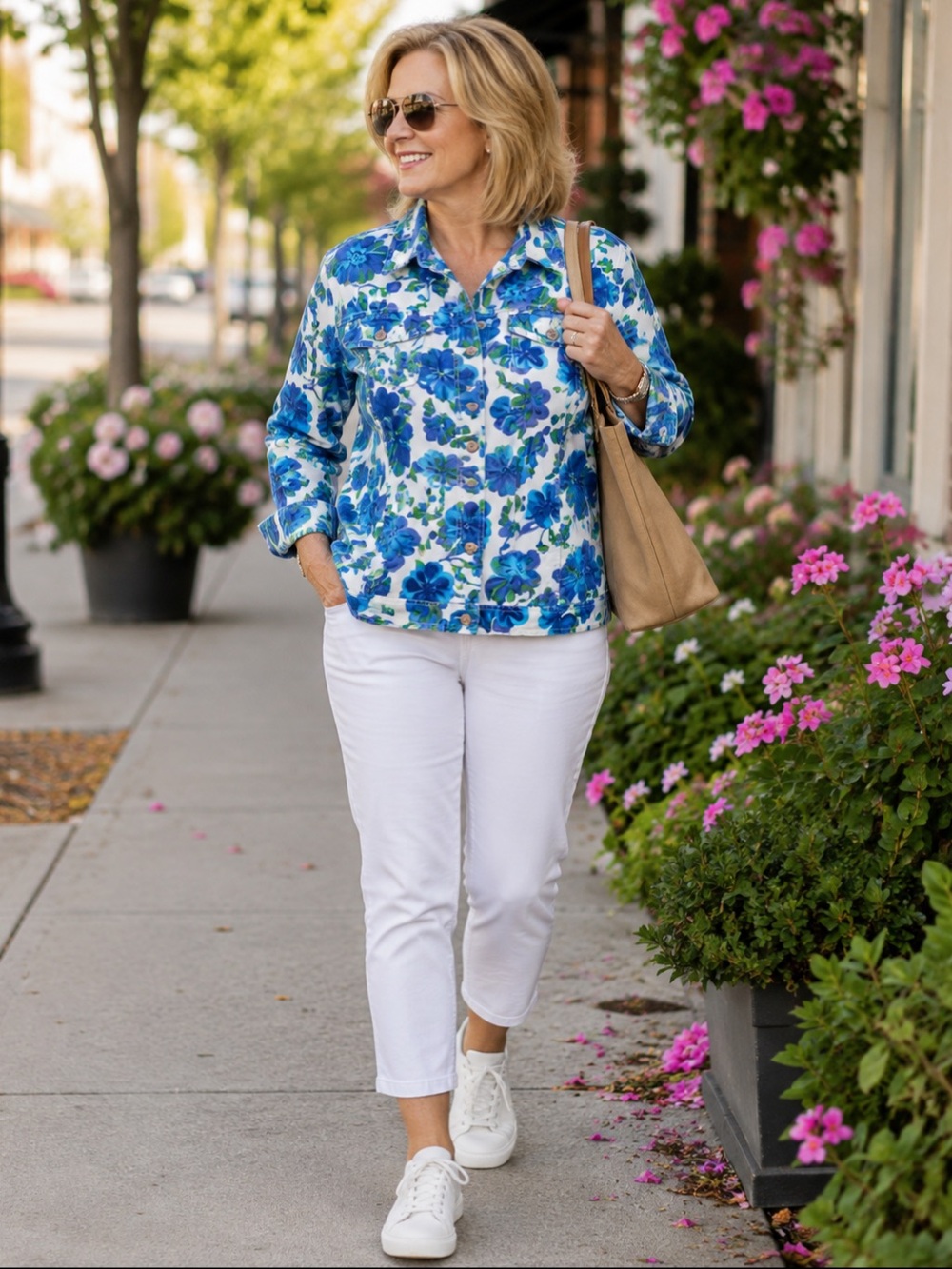 KEREN hart White Cotton Denim Jacket Blue & Green Floral Print. Size Large.
